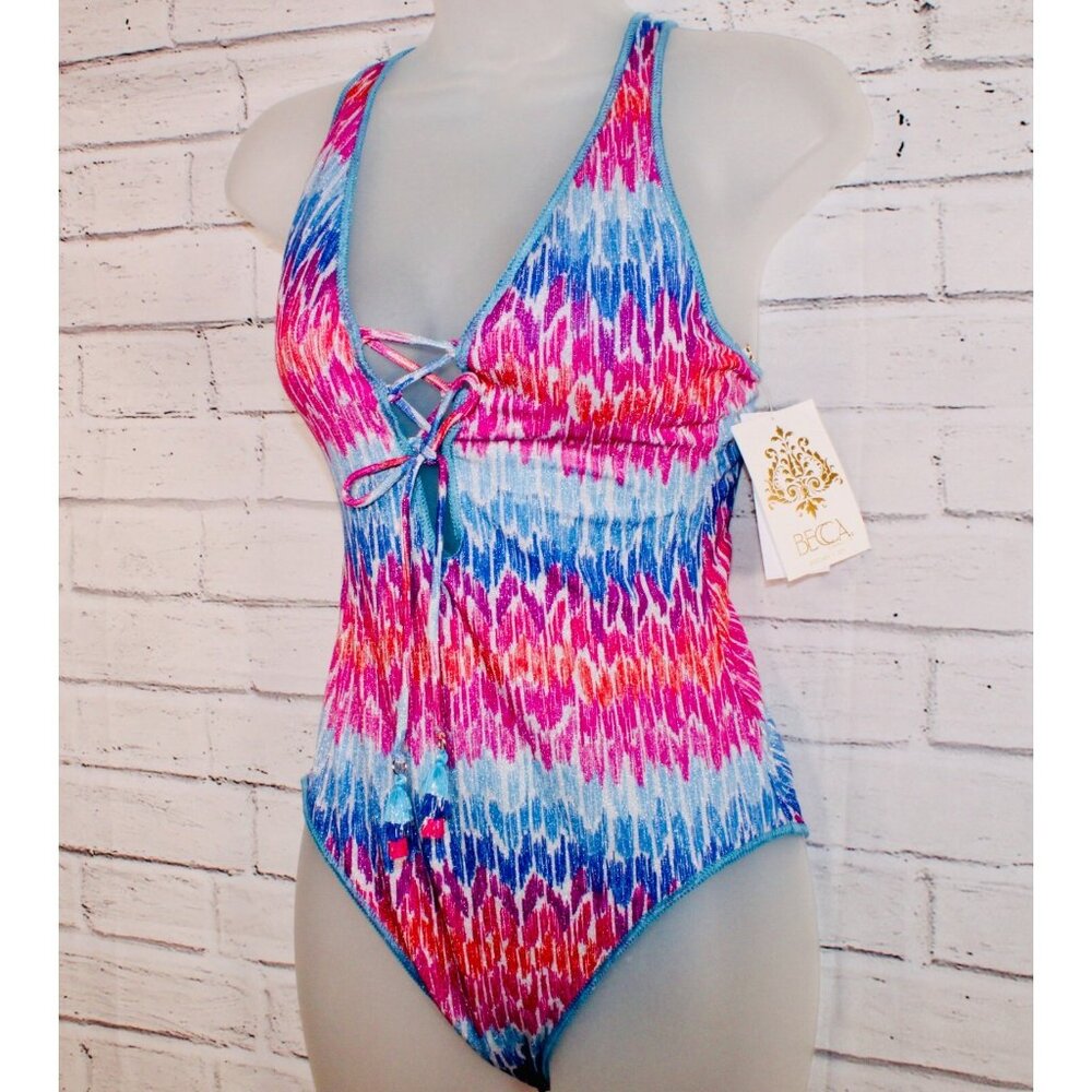 Becca Women's Joshua Tree One-Piece Swimsuit Pink Blue Lace Up $158 NWT S, M, L - Picture 7 of 9